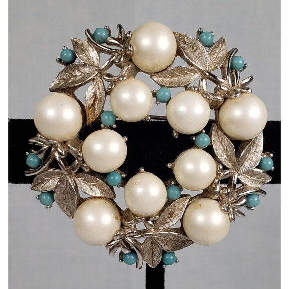 Vtg Signed Sarah Coventry 1960s Alaskan Summer Matte Turquoise Faux Pearl Brooch - Picture 11 of 11